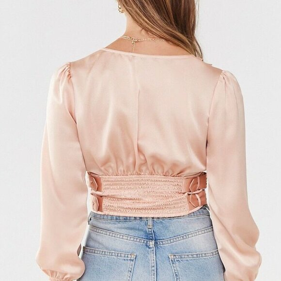 FOREVER 21 Satin Lace-Up Buckle Top L Blush Champagne Tan Nude Puff Sleeves - Picture 3 of 12